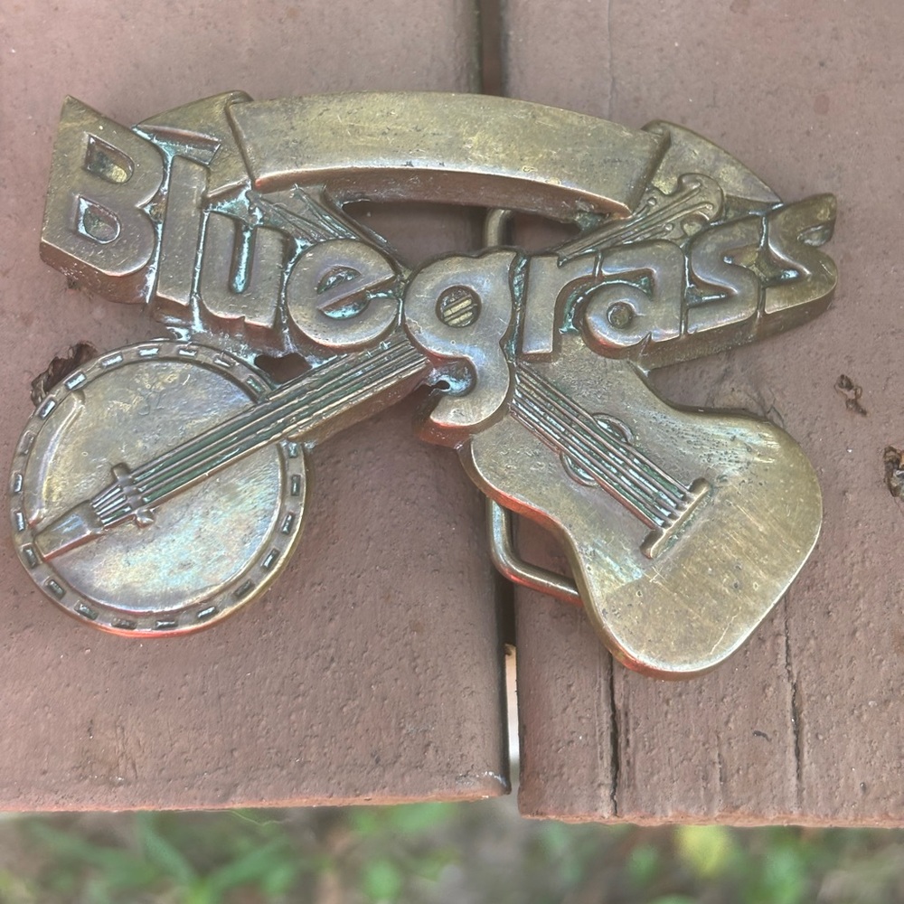 Brass Bluegrass Country Western Banjo Acoustic Guitar Vintage Belt Buckle 1980s